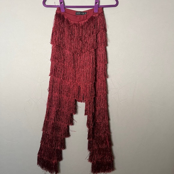 Lavish Alice Fringe Pants XS UK burgundy high waisted - Picture 5 of 10